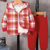 Children's Plaid Button Up Hooded Top & Pants Set - Red