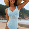 Drawstring Ruched V-Neck One-Piece Swimwear - Pastel Blue
