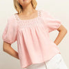 HYFVE Crochet Detail Puff Sleeve Peasant Top - BABY PINK
