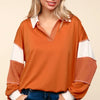 Haptics Color Block Exposed Seam Long Sleeve Top - Rust