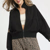 Umgee Zipper Up Cropped Jacket with Leopard Trim - Black