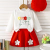Children's Floral Applique Ribbed Knit Top & Pleated Skirt Set with Hat - Red