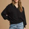 Umgee Linen Long Sleeves Elastic Hem Blouse - Black