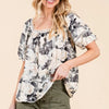 Lime 'N' Chili Floral Print Lace Trim Puff Sleeve Blouse - BLACK COMBO