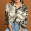 Umgee Full Size Pointelle Stripped Half Button Collared Neck Top Plus Size - Black