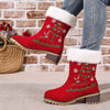 Christmas Embroidered Block Heel Ankle Boots - Deep Red
