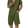 Men's Plus Size Button Up Short Sleeve Shirt and Shorts Set - Military Green