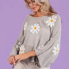 BiBi Flower Embroidery Loose Fit Knit Top - GREY