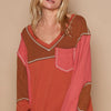 POL V-Neck Knit Panel Exposed Seam Top - Brick