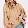 SAGE + FIG Full Size Plaid Print Washed Hoodie - Croissant