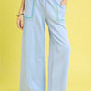 Umgee Drawstring Wide Leg Pants with Scallop Trim Detail - ICE BLUE