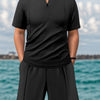Men's Full Size Zip Front Short Sleeve Top and Shorts Set Plus Size - Black
