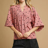 Umgee Corduroy Bow Print Balloon Sleeve Blouse - Pink