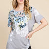 BOMBOM Floral Round Neck Short Sleeve T-Shirt - Light Gray
