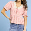 Umgee Short Sleeve Gingham Lace Peplum Blouse - Pink