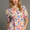 Umgee Full Size Mixed Print Puff Sleeve Babydoll Blouse Plus Size - CONFETTI