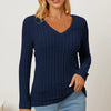 Basic Bae Full Size Ribbed V-Neck Long Sleeve T-Shirt - Dark Blue