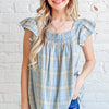 And The Why Plaid Print Smocked Detail Ruffle Baby Doll Top - BLUE