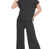 Zenana Rolled Sleeve Top and Pants Sweater Set - BLACK