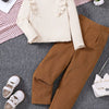 Children's Ruffle Trim Ribbed Top & Corduroy Pants Set - Apricot