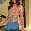 Davi & Dani Sequin Mock Neck Long Sleeve Mesh Top - Orange