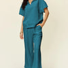 Double Take Full Size Texture Half Zip Short Sleeve Top and Pants Set - Teal