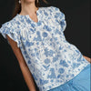 Umgee Full Size Two Tone Boxy Cut Floral Print Blouse Plus Size - Sky Blue