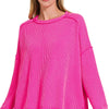 Zenana Exposed Seam Long Sleeve Corded Rib Knit Top - HOT PINK