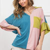 BiBi Slinky Knit Color Block V Neck Front Top - N.GREEN/FUCHSIA/TURQ