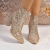 Sequin Point Toe Block Heels Boots - Gold