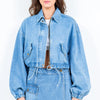 American Bazi Drawstring Waist Crop Denim Jacket - Blue