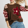 Umgee Flower Jacquard Striped Long Sleeve Sweater - Mocha