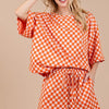Ces Femme Checkered Round Neck Top and Shorts Set - Orange