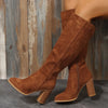 Point Toe Block Heels Boots - Brown