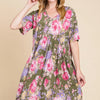 BOMBOM Flower Print V-Neck Ruched Dress - Floral
