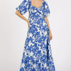 Mittoshop Cutout Back Floral Sweetheart Neck Puff Sleeve Dress - Royal