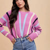 Annie Wear Chevron Stripe Round Neck Ribbed Sweater - Orchid