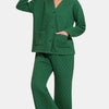 Zenana Quilted Button Up Long Sleeve Top and Pants Lounge Set - Dark Green