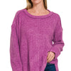 Zenana Brushed Hacci Exposed Seam Hi Low Sweater - LT PLUM