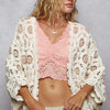 POL Openwork V-Neck Chenille Cardigan with Contrast Floral - CREAM/LATTE