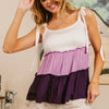 BiBi Color Block Tied Ribbon Shoulder Top - OATMEAL/LAVENDER/PURPLE