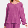 Zenana V-Neck Long Sleeve Ribbed Top and Shorts Set - Red-Violet
