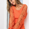 BiBi Round Neck Crochet Lace Sleeve Knit Top - Coral