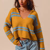 SO ME Fuzzy Hairy Stripe Deep U Neck Swetaer - MUSTARD/DT BLUE