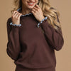 Umgee Ribbed Round Neck Sweater with Ruffle Contrast Trim - Brown