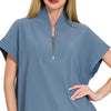 Zenana Ribbed High Neck Half Zip Top - DUSTY BLUE