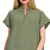 Zenana Ribbed High Neck Half Zip Top - LT OLIVE