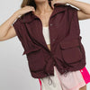 Umgee Drawstring Hem Nylon Vest with Pockets - BURGUNDY
