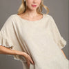 Umgee Full Size Raw Hem Ruffle Short Sleeve Blouse Plus Size - Beige