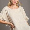 Umgee Full Size Raw Hem Ruffle Short Sleeve Blouse Plus Size - Beige